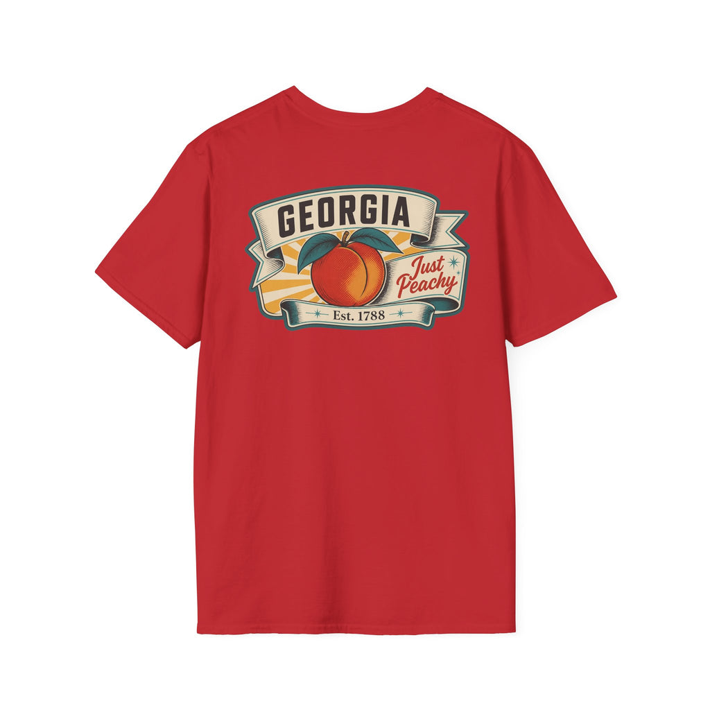 Red T-shirt with Georgia badge logo and peach fruit graphic on front