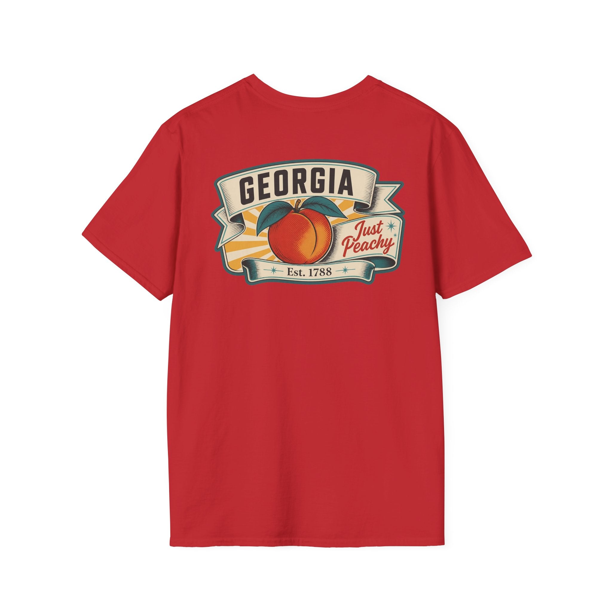 Red T-shirt with Georgia badge logo and peach fruit graphic on front