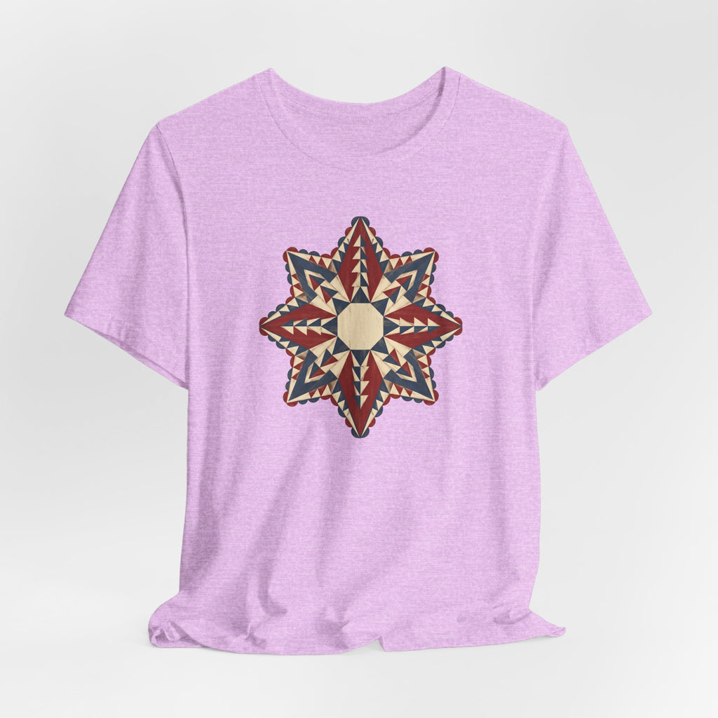 Purple graphic tee with geometric star mandala print at chest