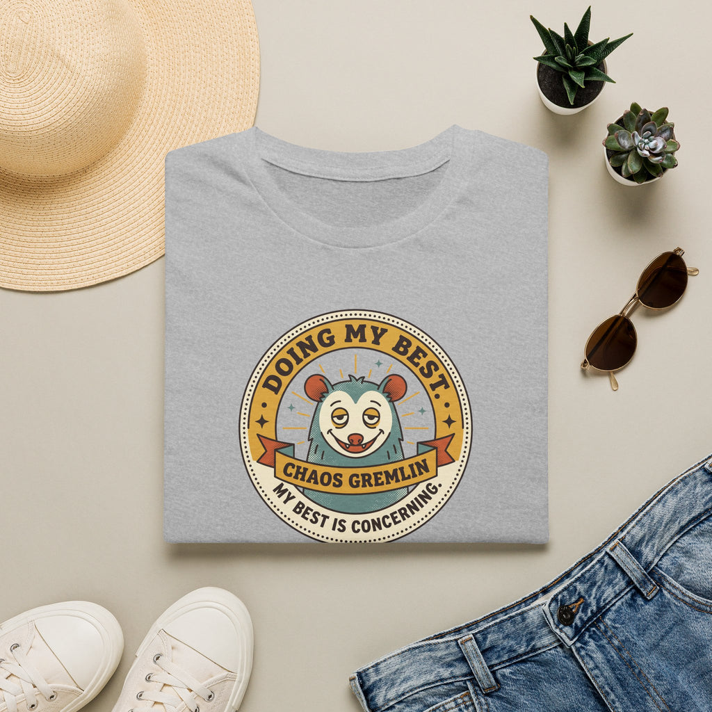 Light gray t-shirt with circular gremlin panda graphic and text at the center