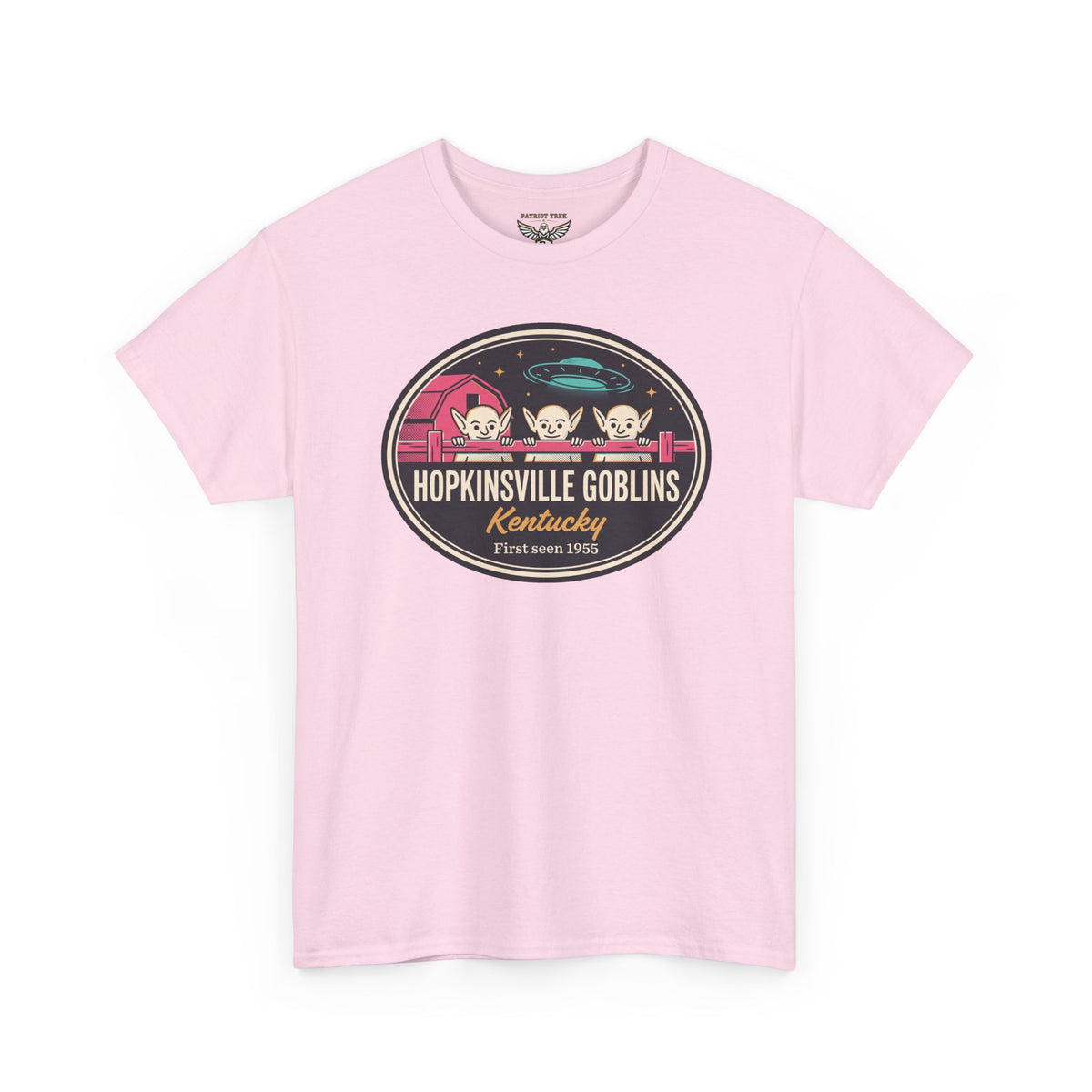 Light pink crewneck T-shirt with round UFO goblin logo graphic on the chest