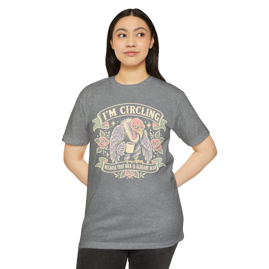 Heather gray graphic T-shirt with vulture and roses, 'I'M CIRCLING' slogan
