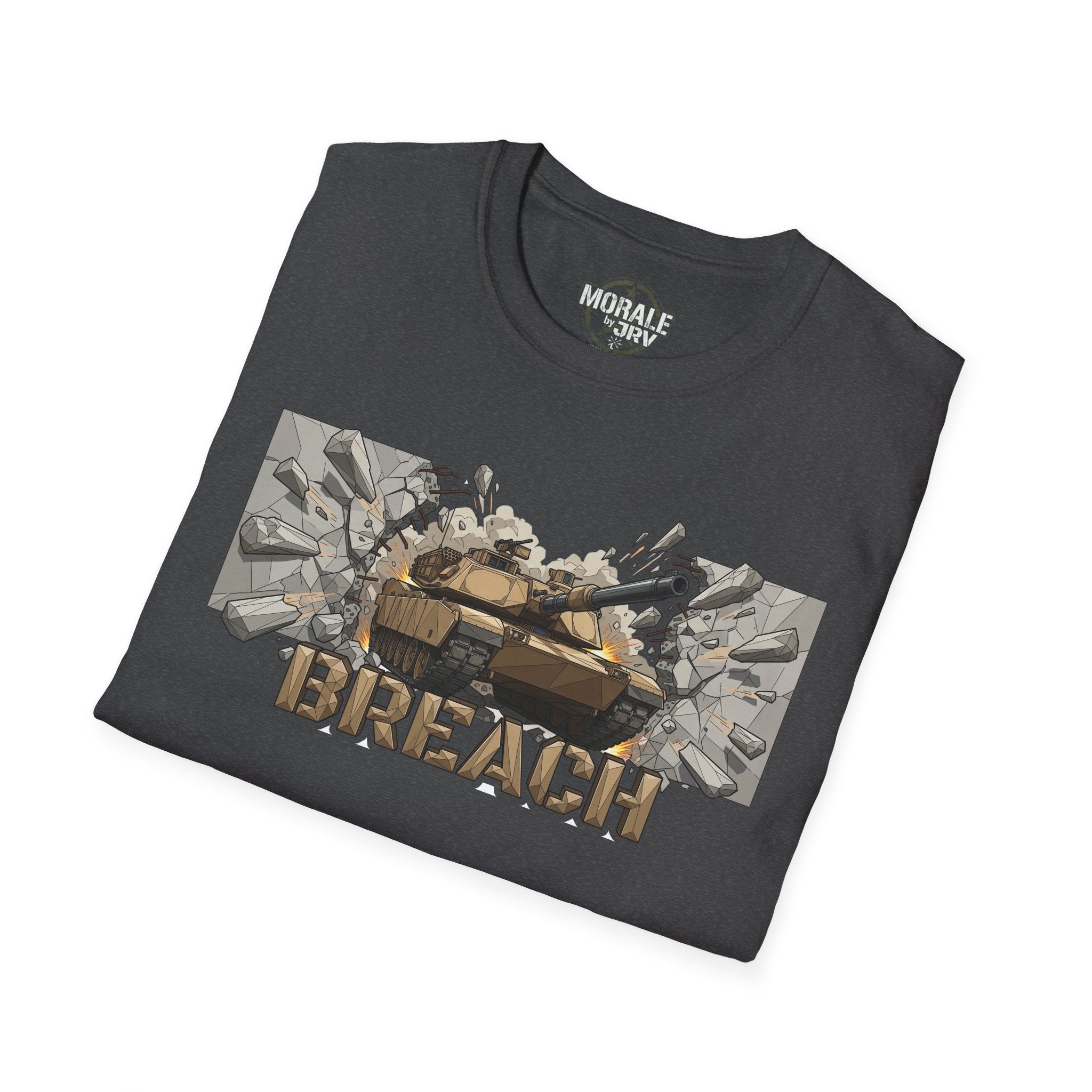 Dark heather tank graphic T-shirt with camouflage “BREACH” front print