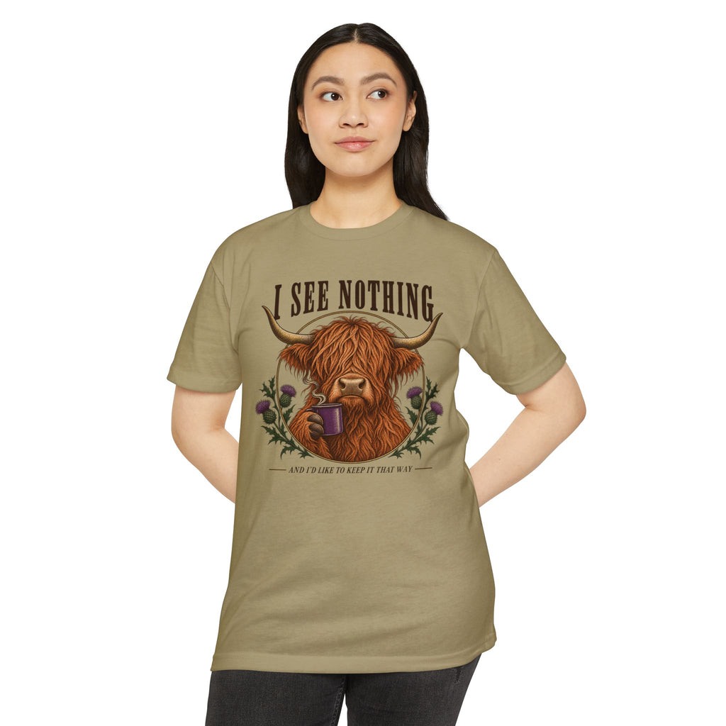 Olive t-shirt with Highland cow graphic and colorful flowers on the chest