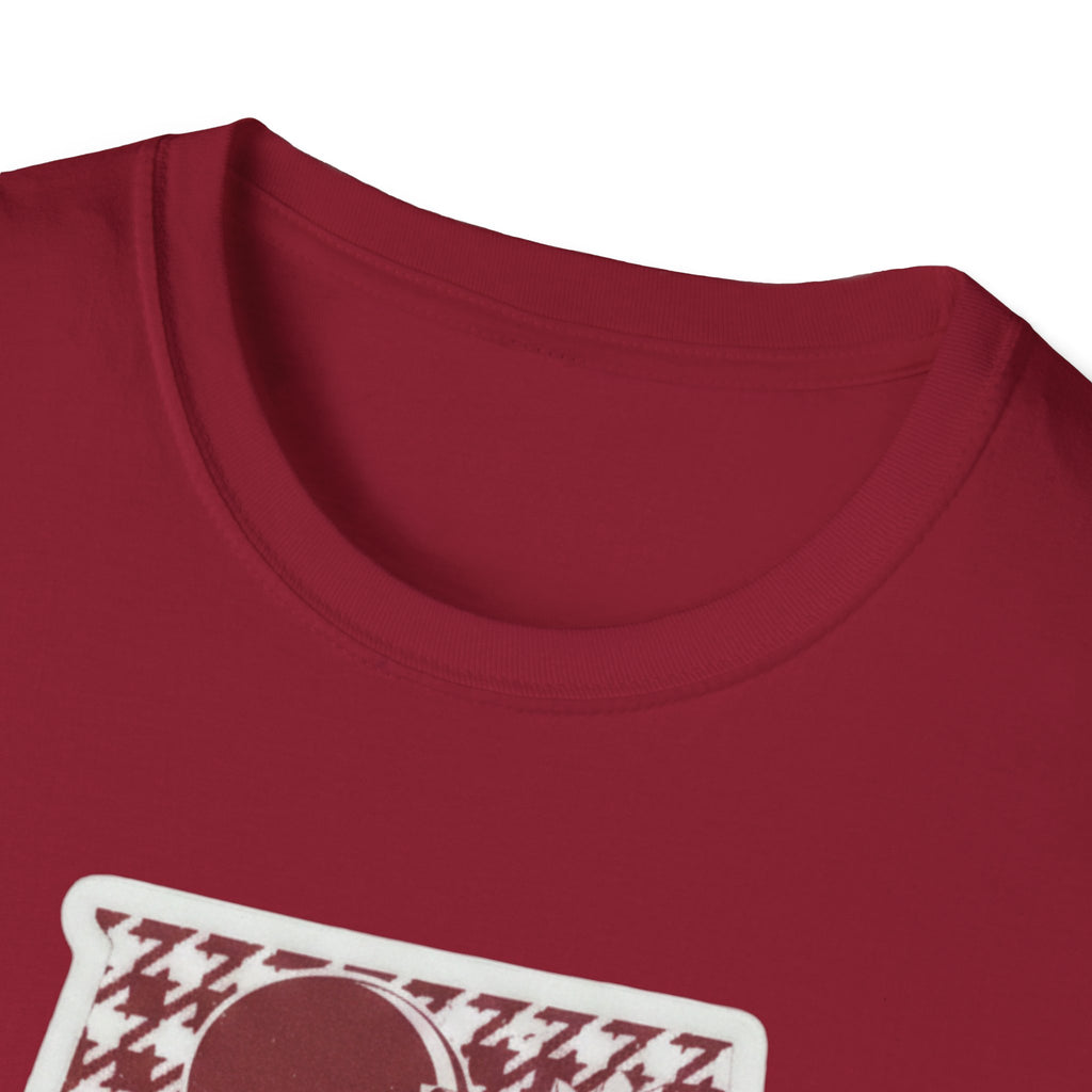 Crimson crew-neck T-shirt with partial houndstooth logo print