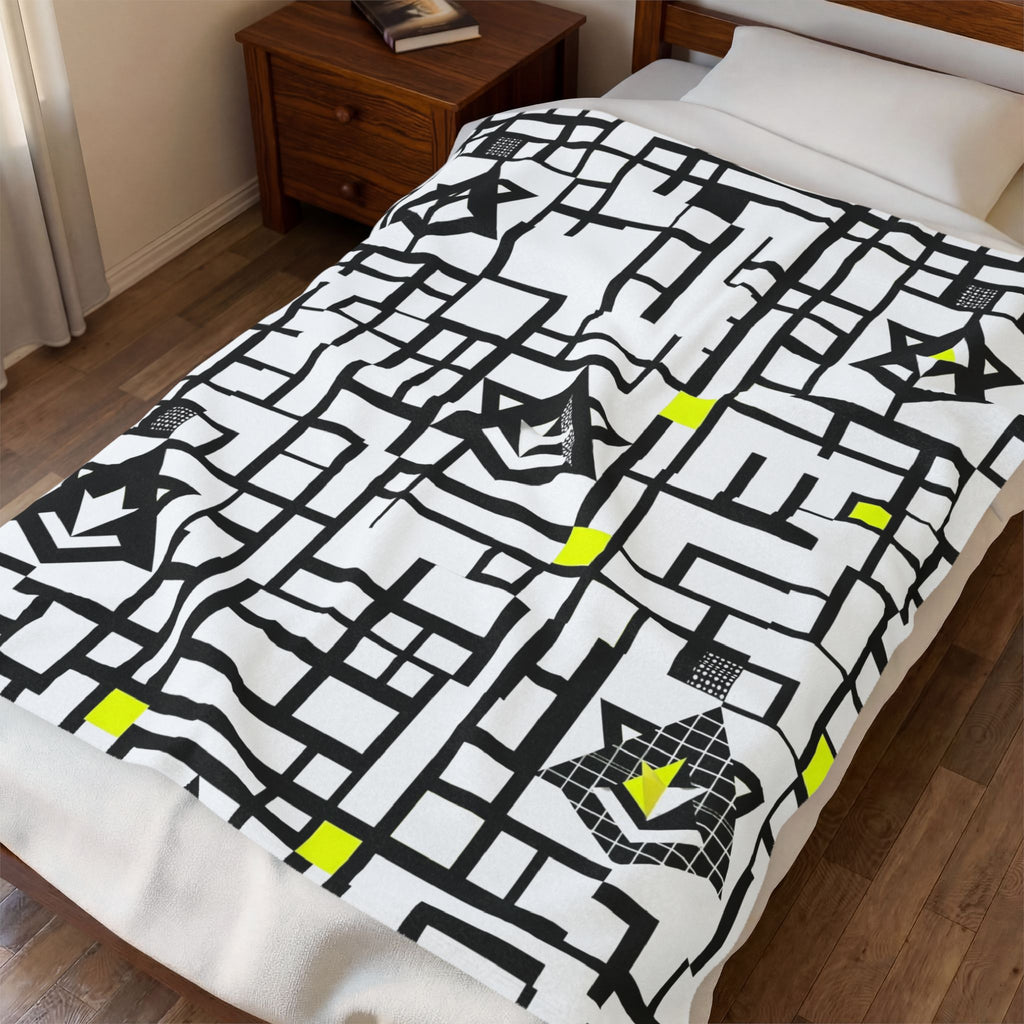Velveteen plush blanket with black grid geometric pattern and small neon yellow accent squares