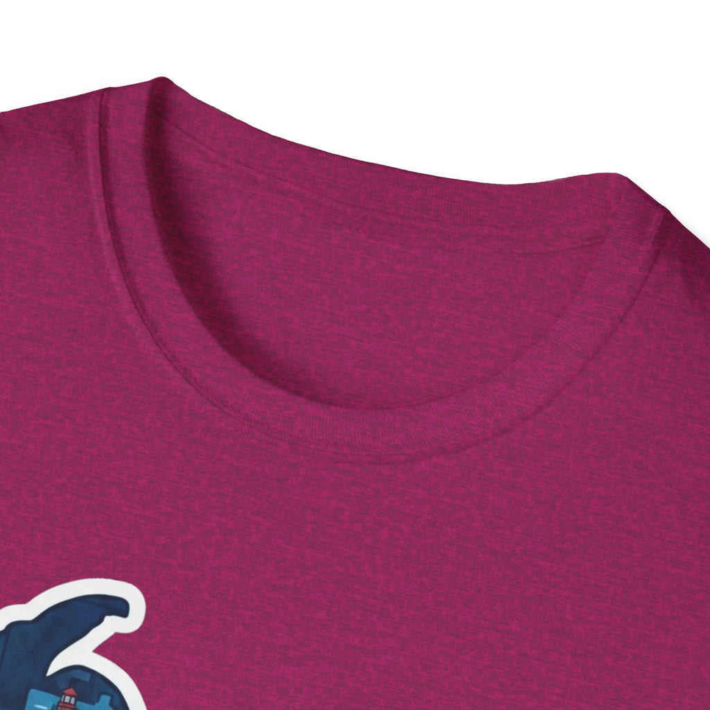 I Am Michigan map graphic T-shirt, magenta crew neck close-up