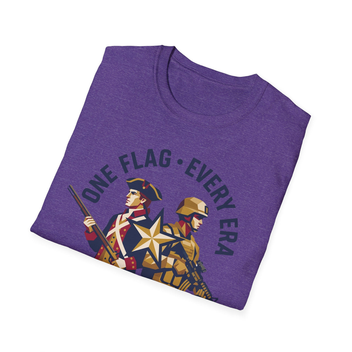Purple military graphic t-shirt with soldiers and "ONE FLAG EVERY ERA" front print