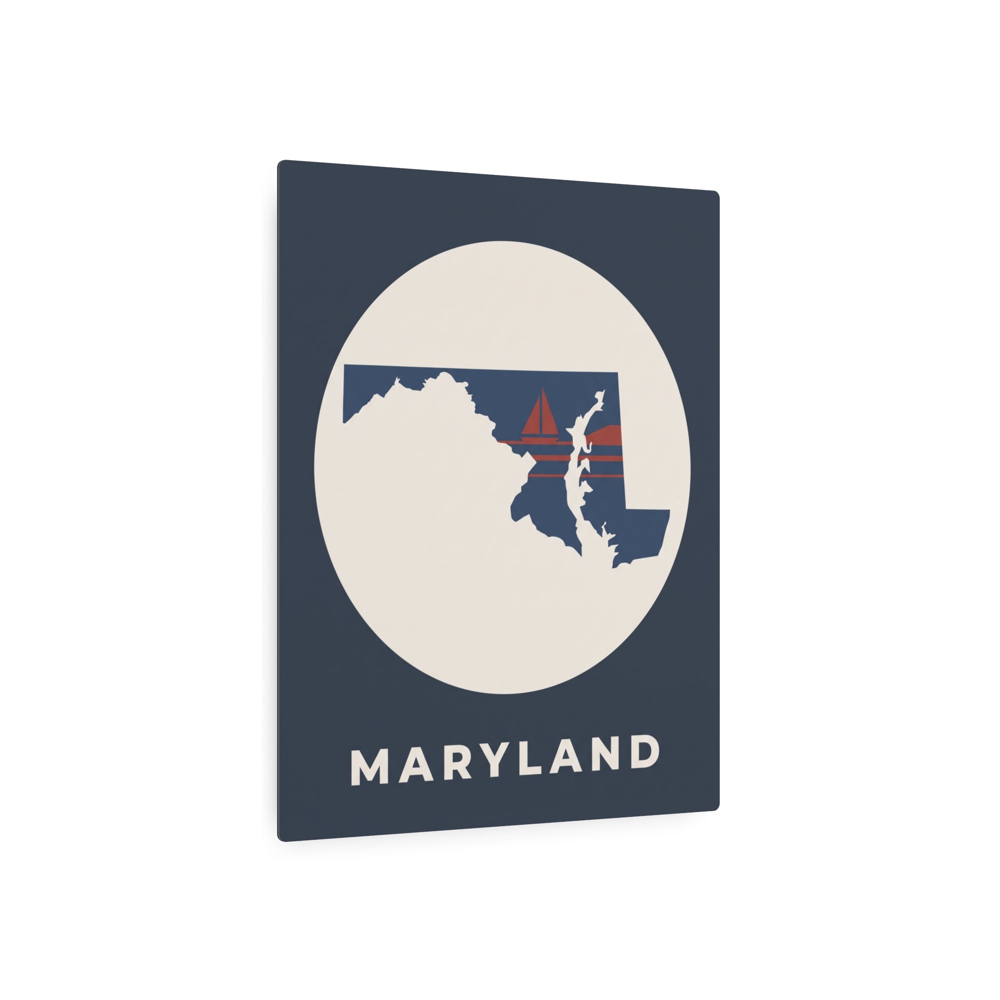 Maryland metal art sign with dark slate background, circular state map, 'MARYLAND'