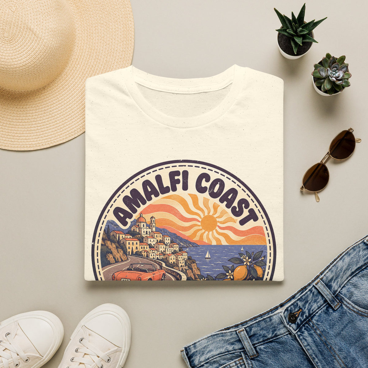 White crewneck t-shirt with Amalfi Coast vintage sunset graphic on the chest