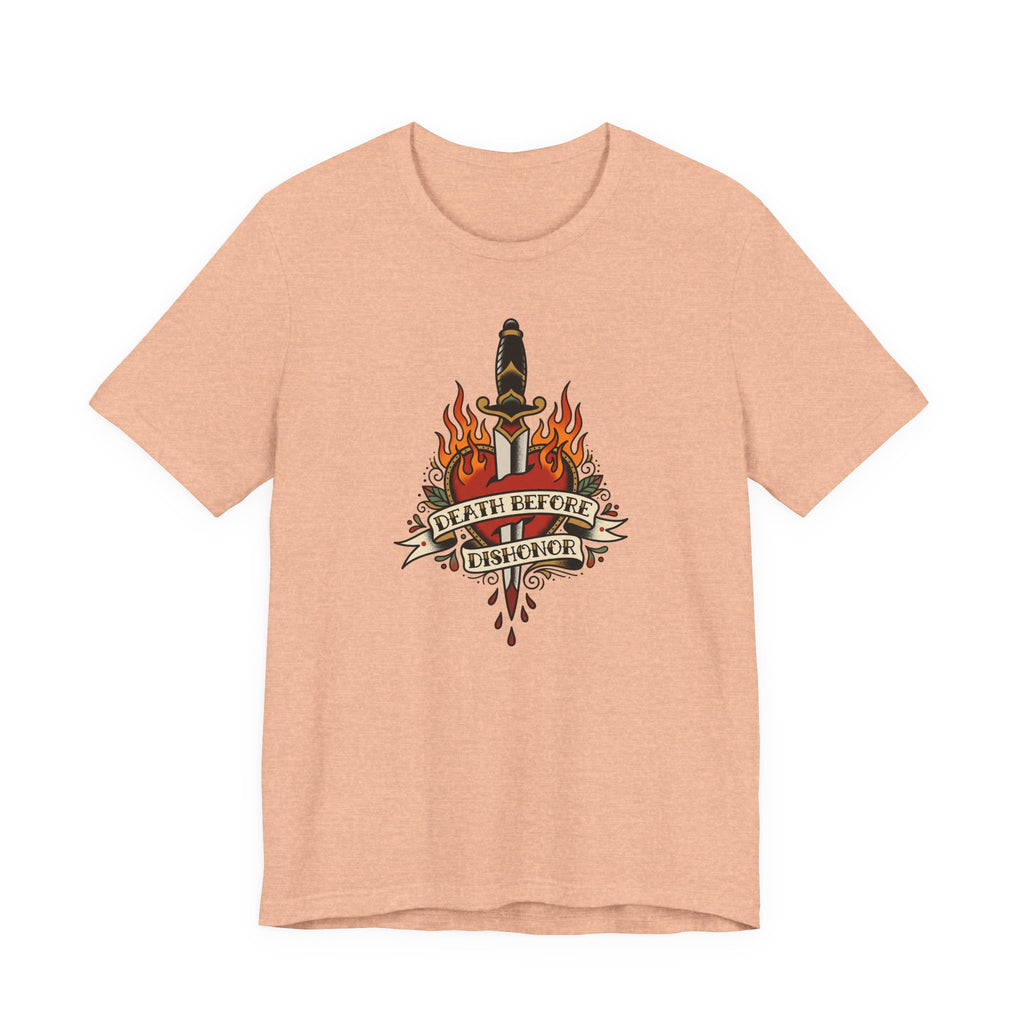 Light tan crewneck T-shirt with flame dagger graphic on front