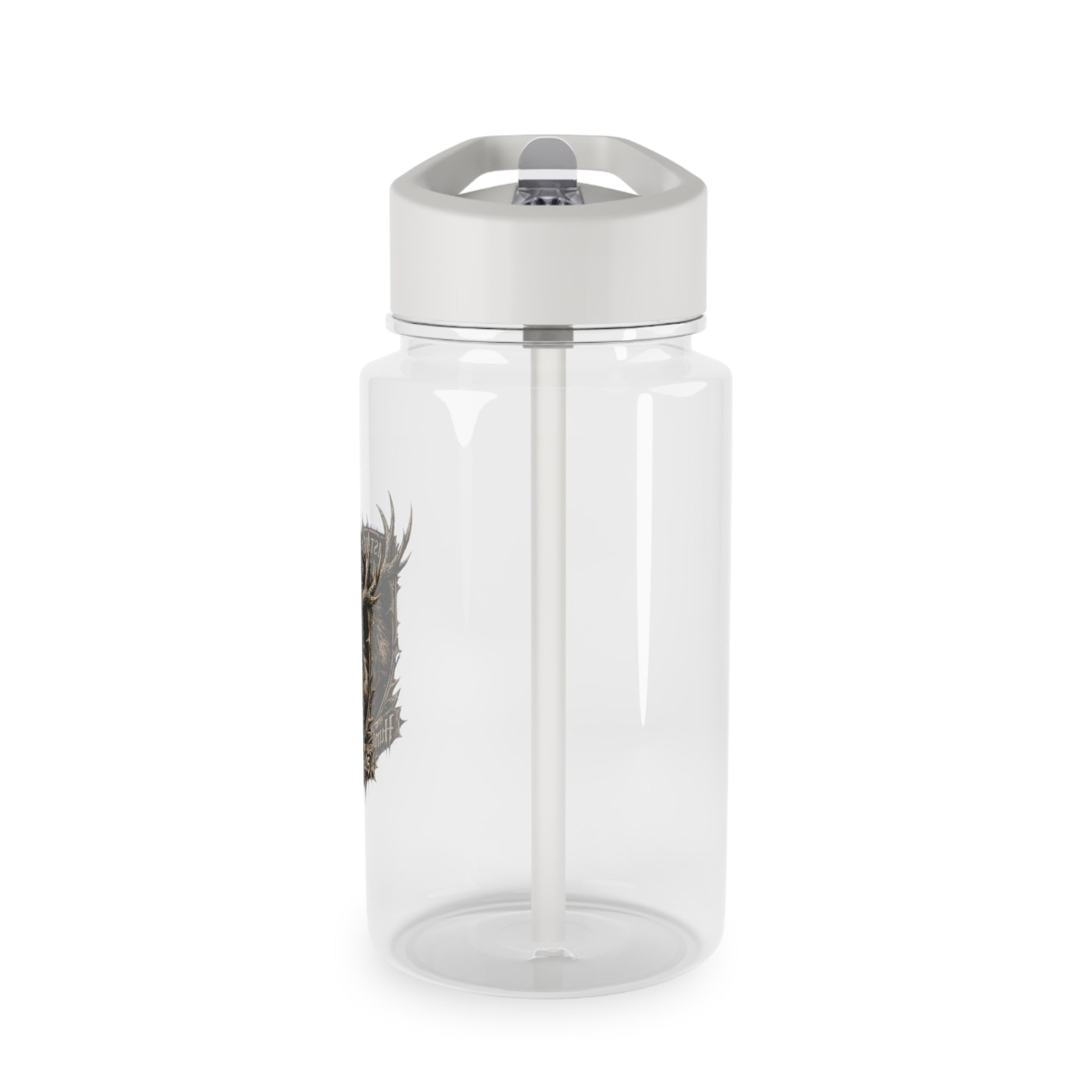 Transparent plastic water bottle with silver flip-top cap, side view of logo