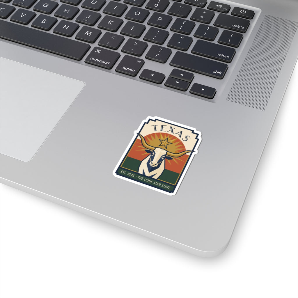 Texas longhorn graphic vinyl sticker with white border and retro star scene