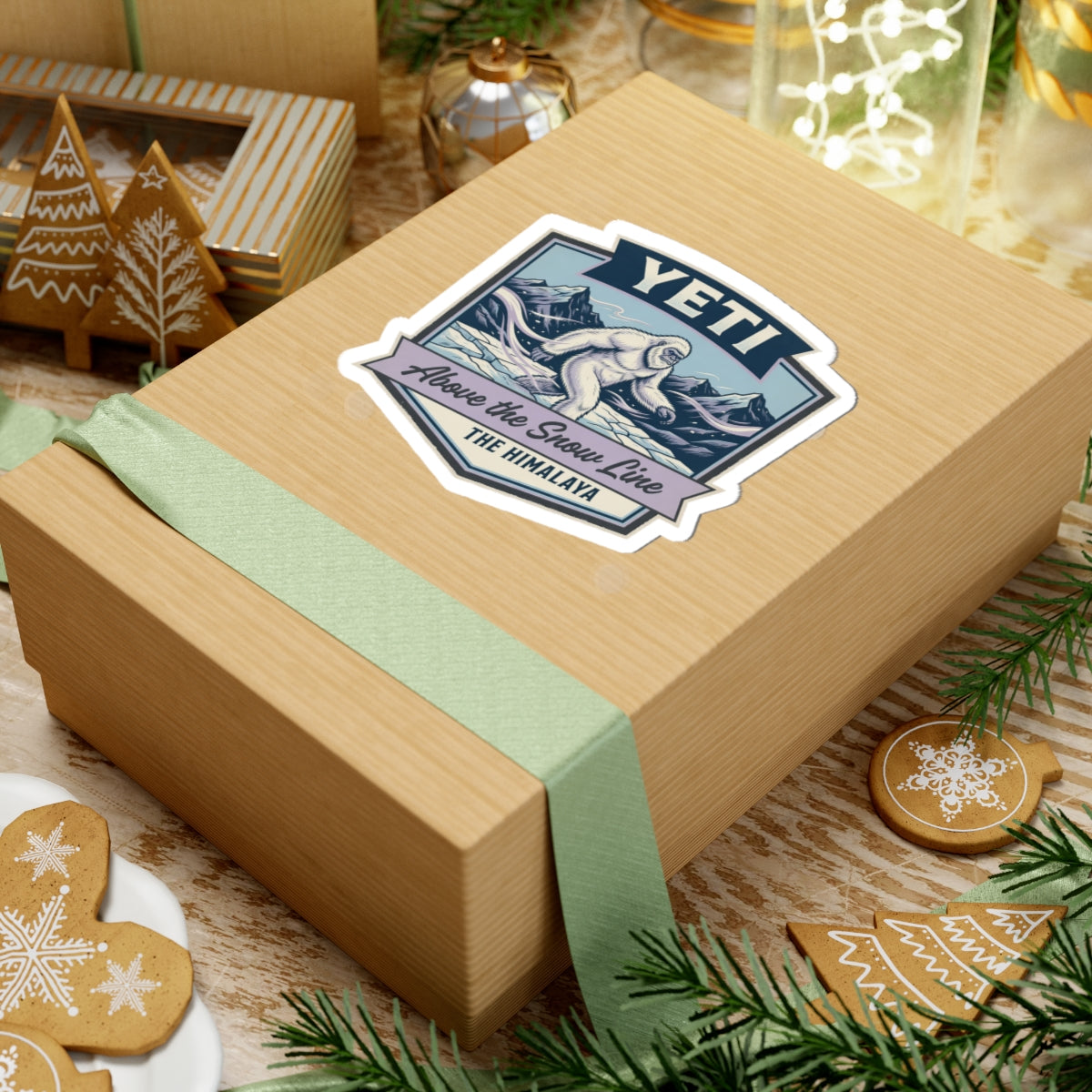 YETI die-cut sticker on wrapped gift, Himalayan sasquatch above the snow line