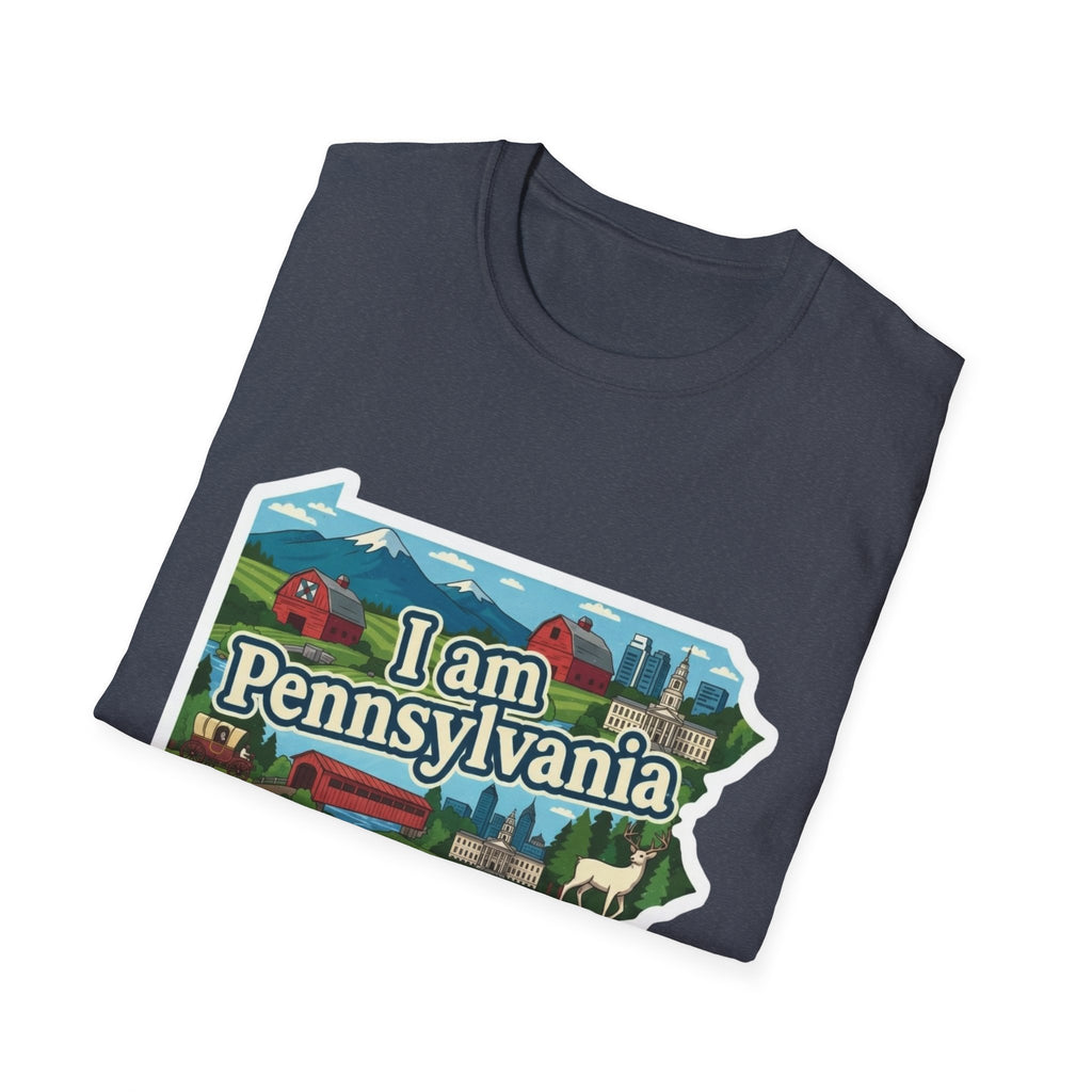 Pennsylvania T-Shirt (Graphite Heather) mit „I am Pennsylvania“-Kartenmotiv vorne