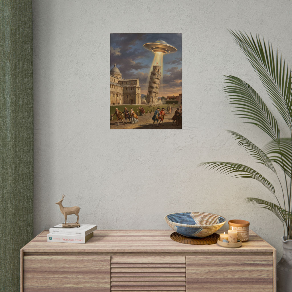 Poster on wall with UFO over Leaning Tower and people walking; displayed above sideboard decor