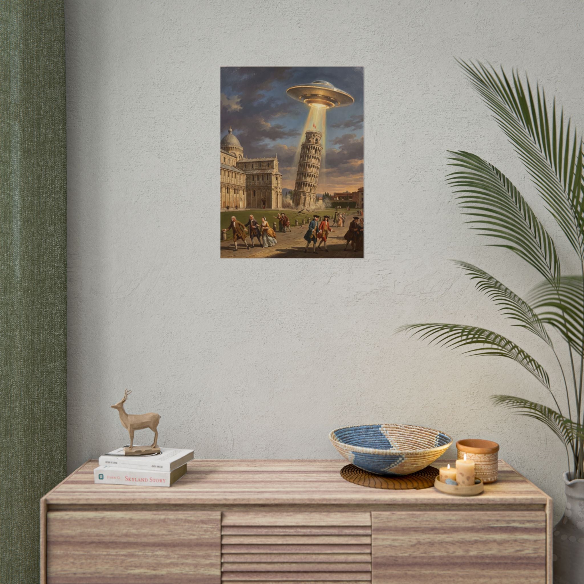 Poster on wall with UFO over Leaning Tower and people walking; displayed above sideboard decor