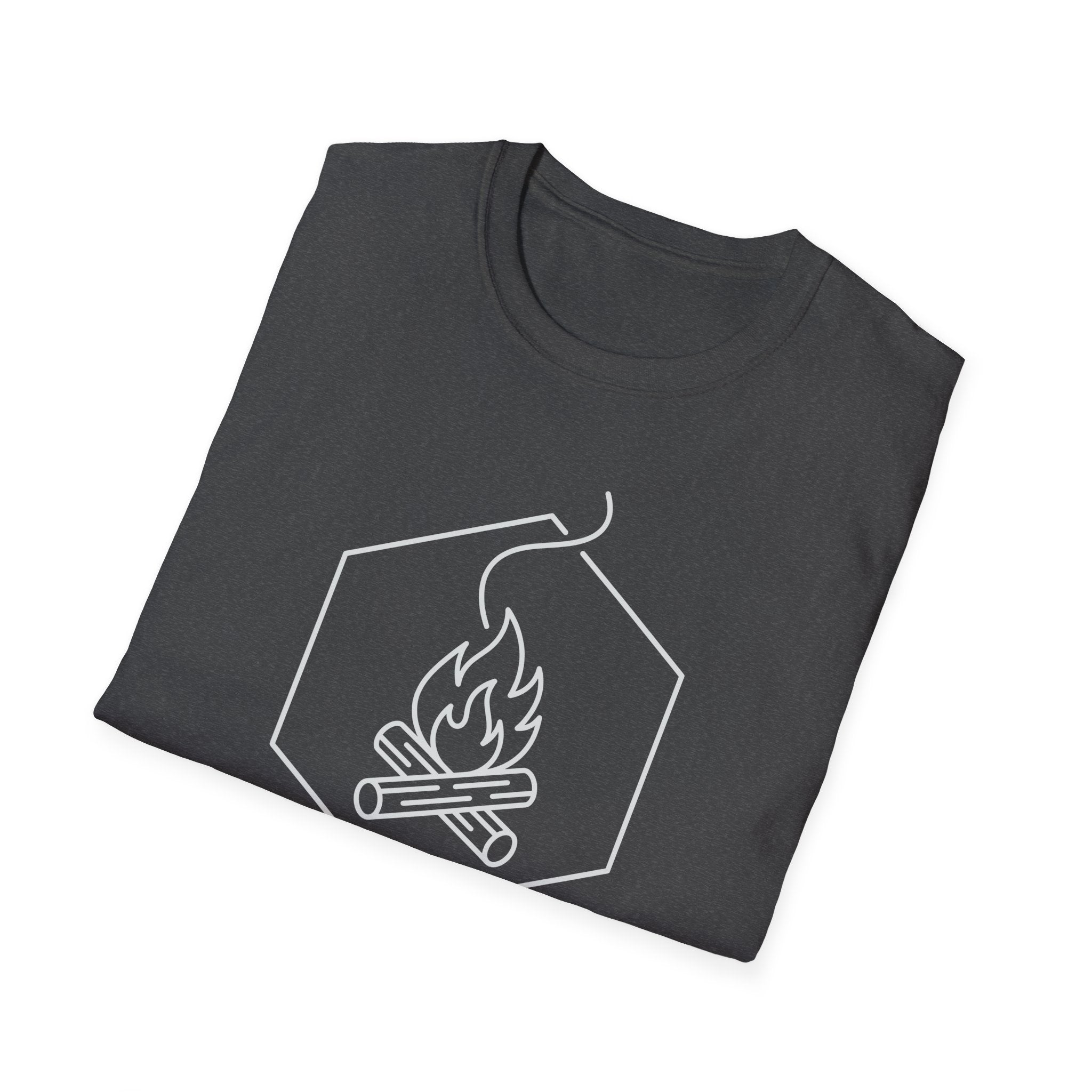 Dark charcoal T-shirt with front line-art campfire graphic in a hex outline