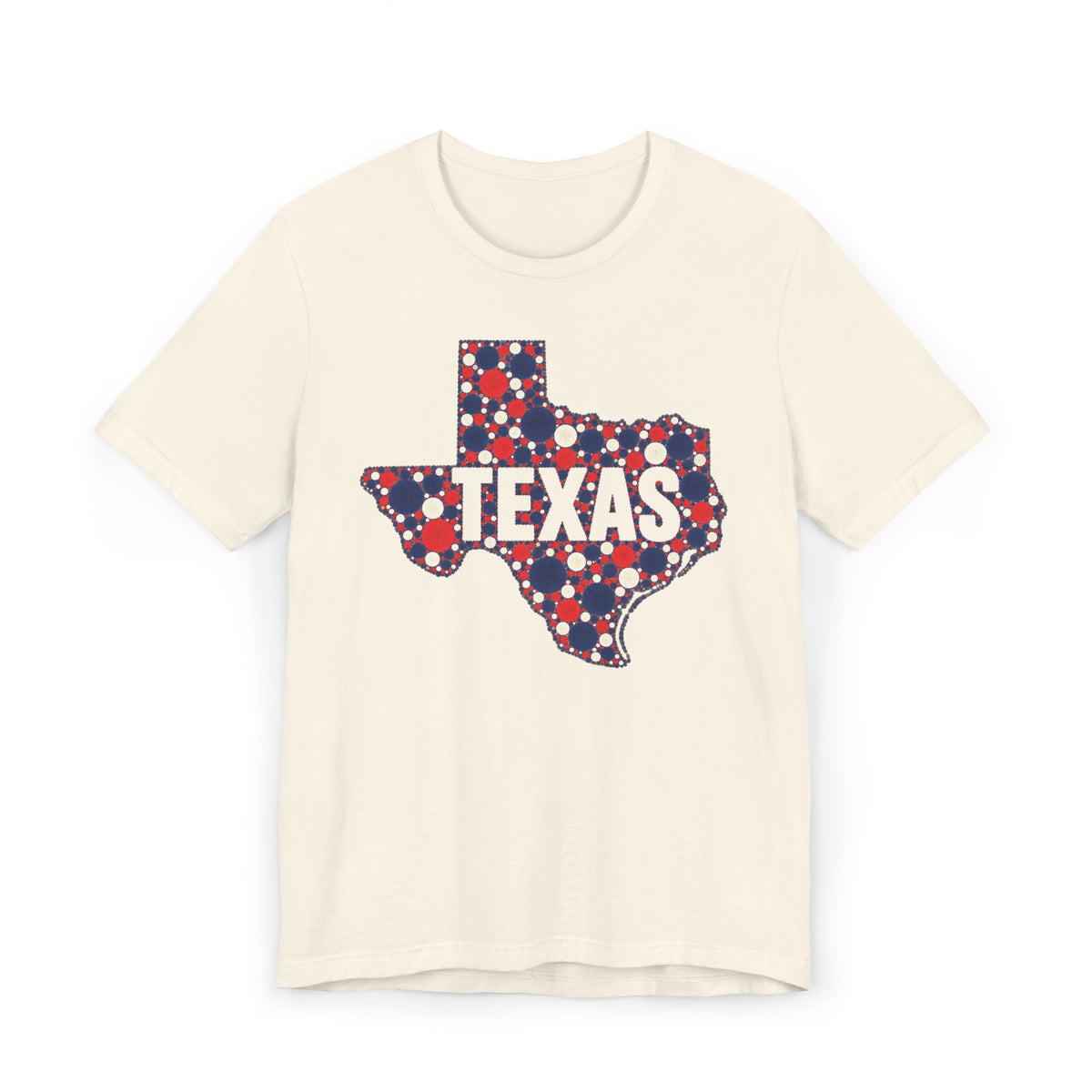 Cream T-shirt with polka dot Texas outline graphic in red, blue, and white