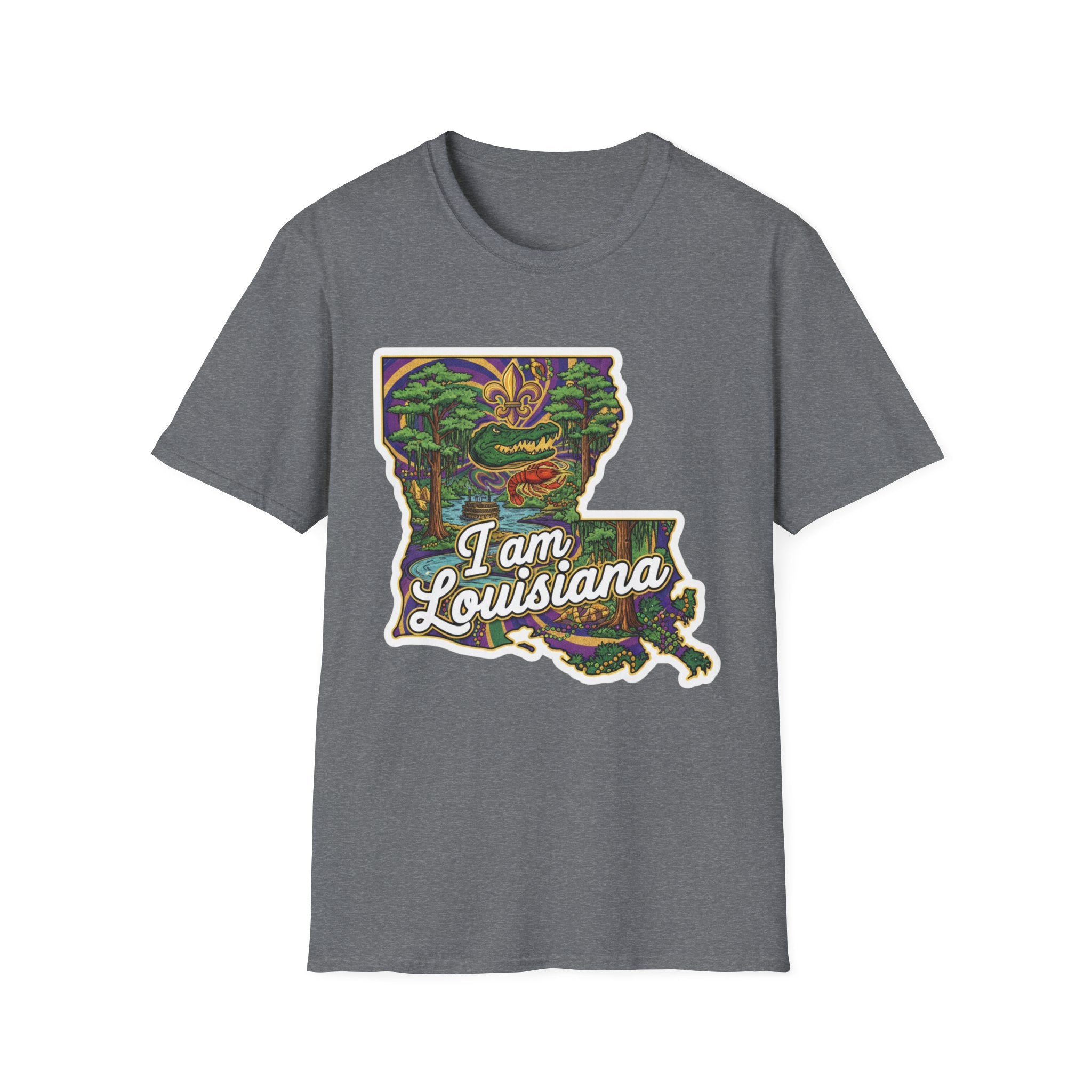 Camiseta gris jaspeada con mapa de Luisiana multicolor y texto “I am Louisiana”