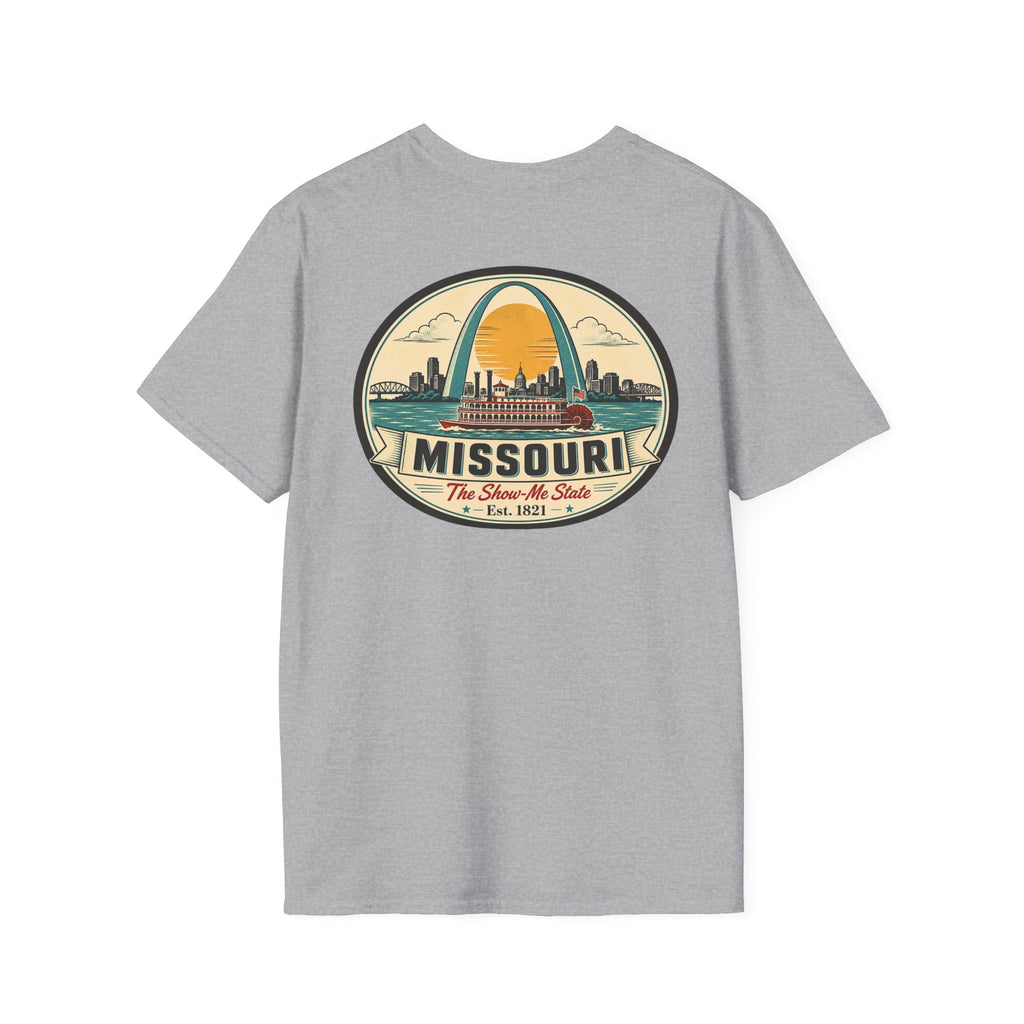 Missouri T-shirt in light gray heather with circular arch graphic and “Missouri” text