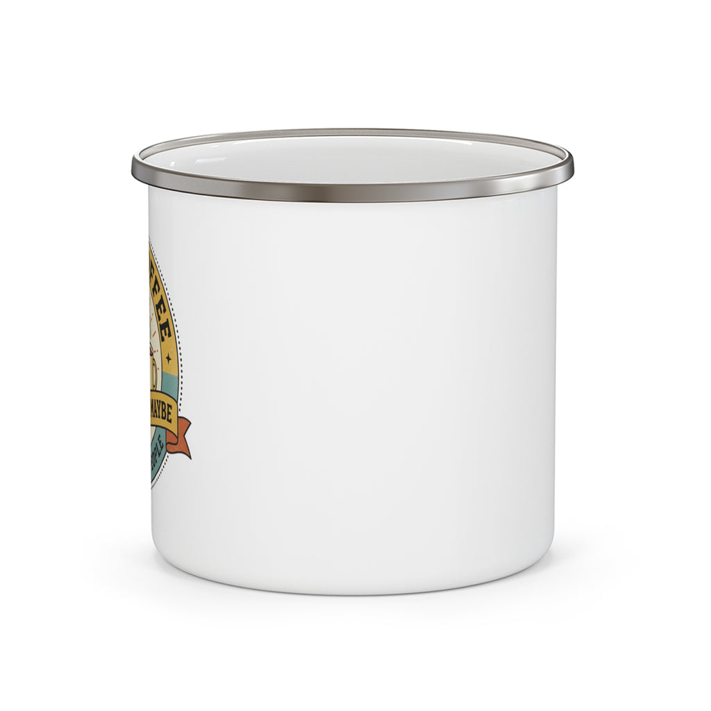 White enamel camping mug with metal rim, partial cat quote on side