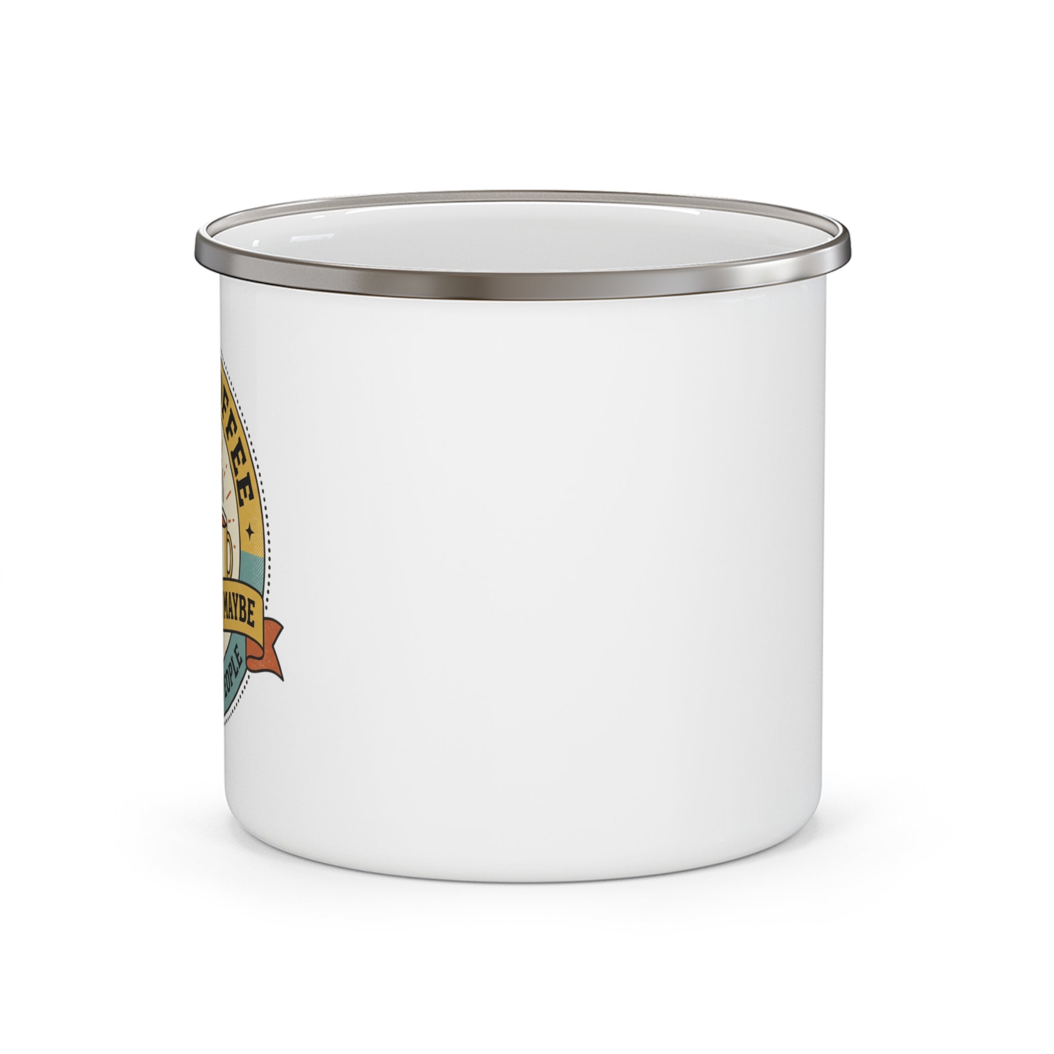 White enamel camping mug with metal rim, partial cat quote on side