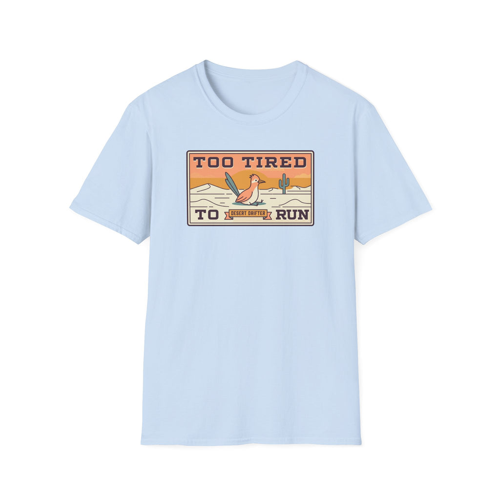 Light blue short-sleeve T-shirt with front desert runner graphic