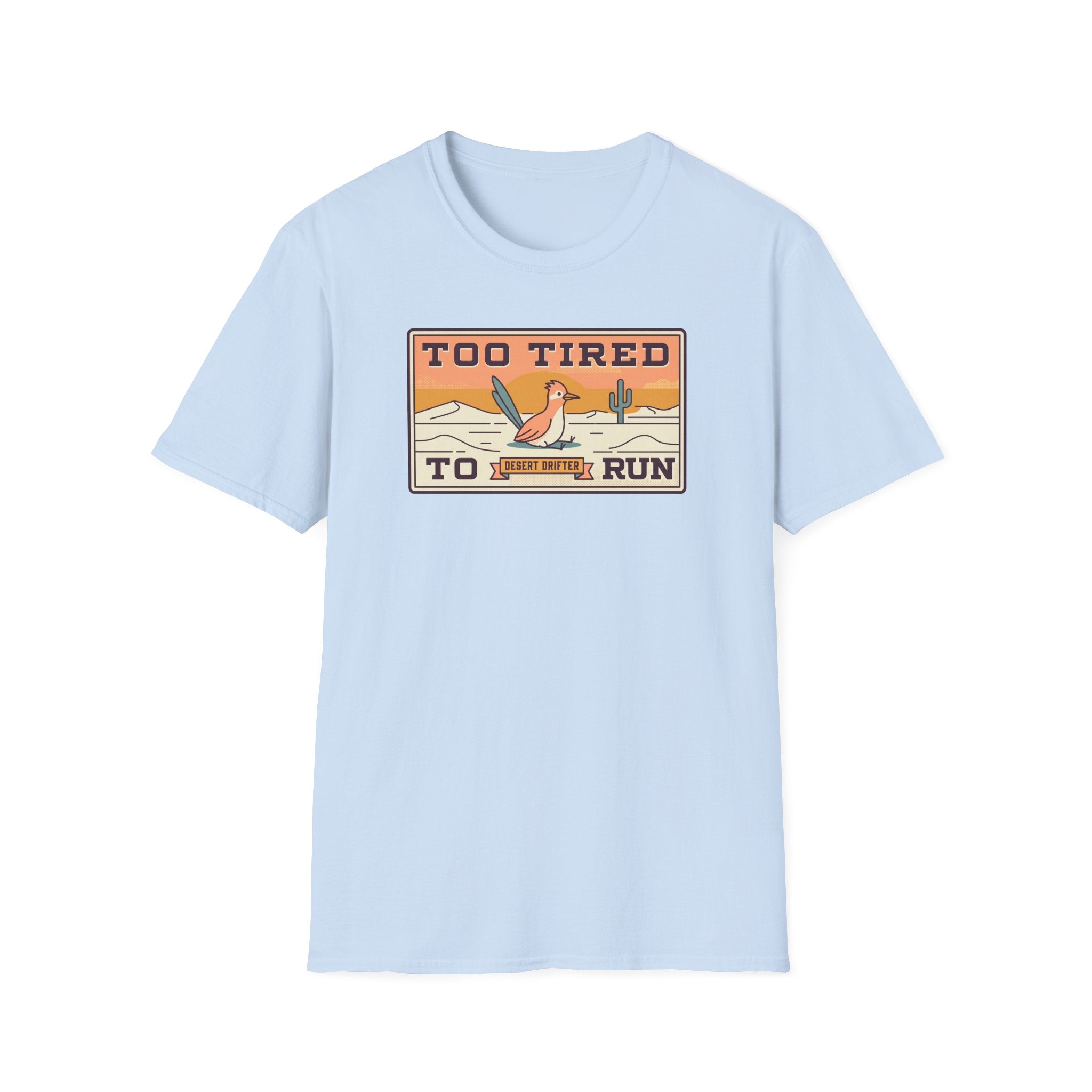 Light blue short-sleeve T-shirt with front desert runner graphic