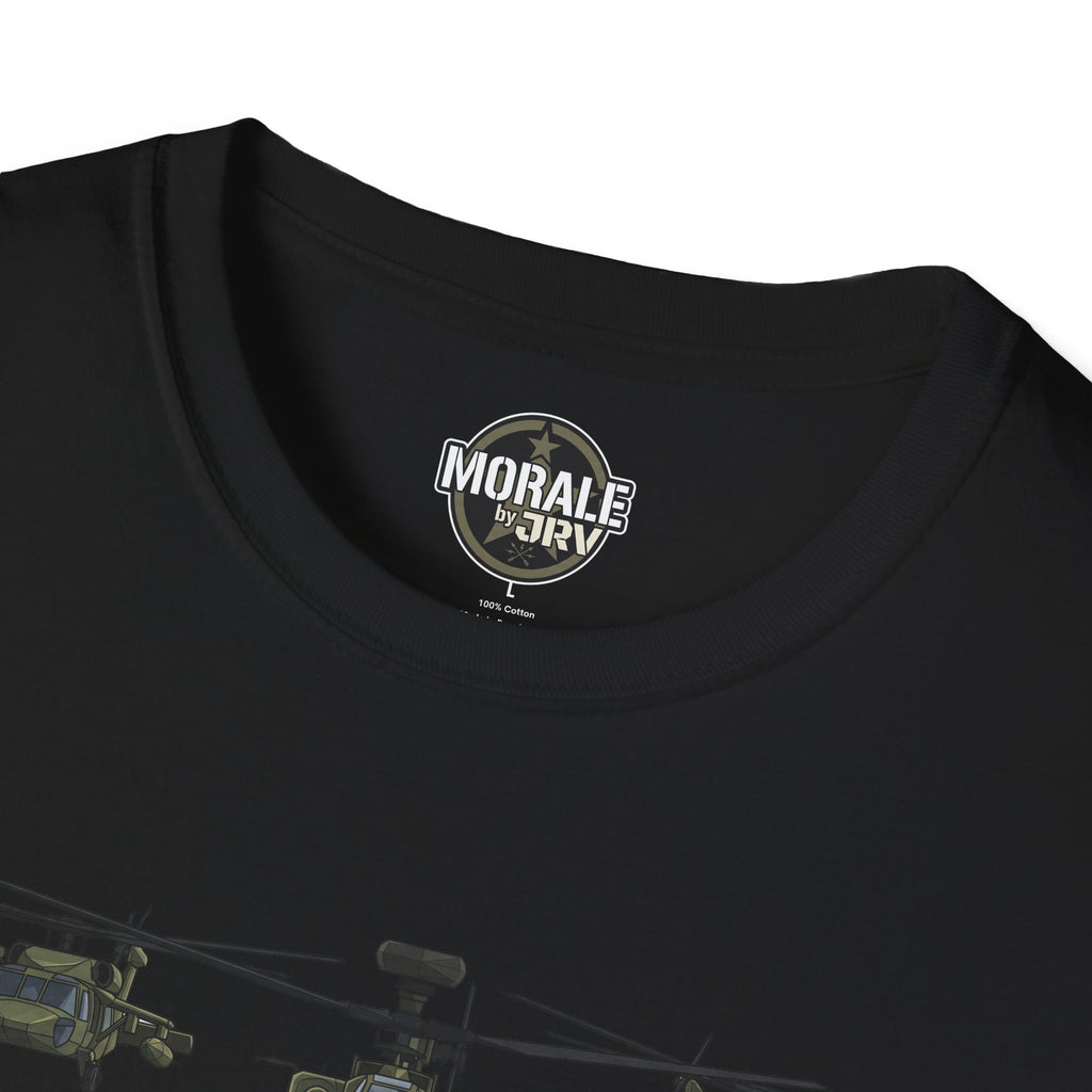 Black T-shirt neckline with round "Morale" logo label