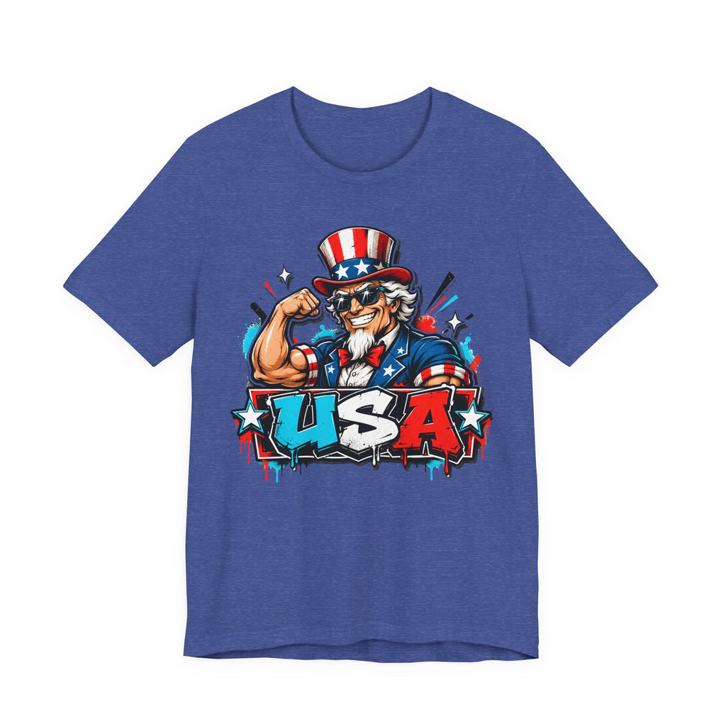 Royal blue muscle t-shirt with Uncle Sam USA patriotic graphic