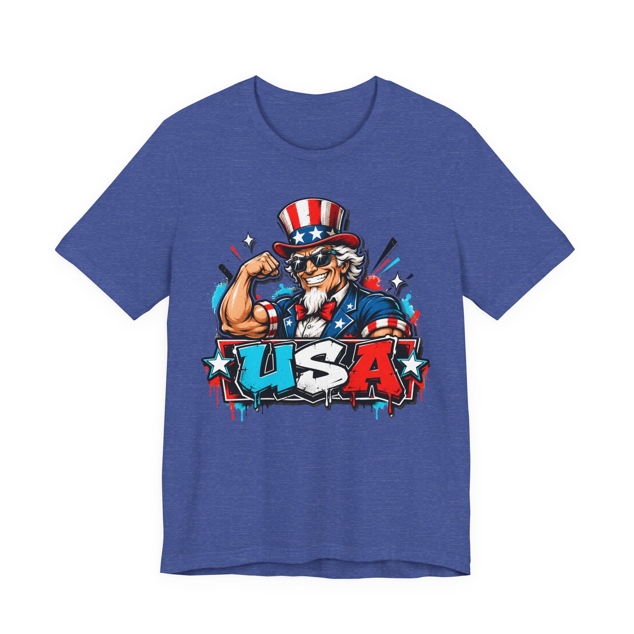 Royal blue muscle t-shirt with Uncle Sam USA patriotic graphic