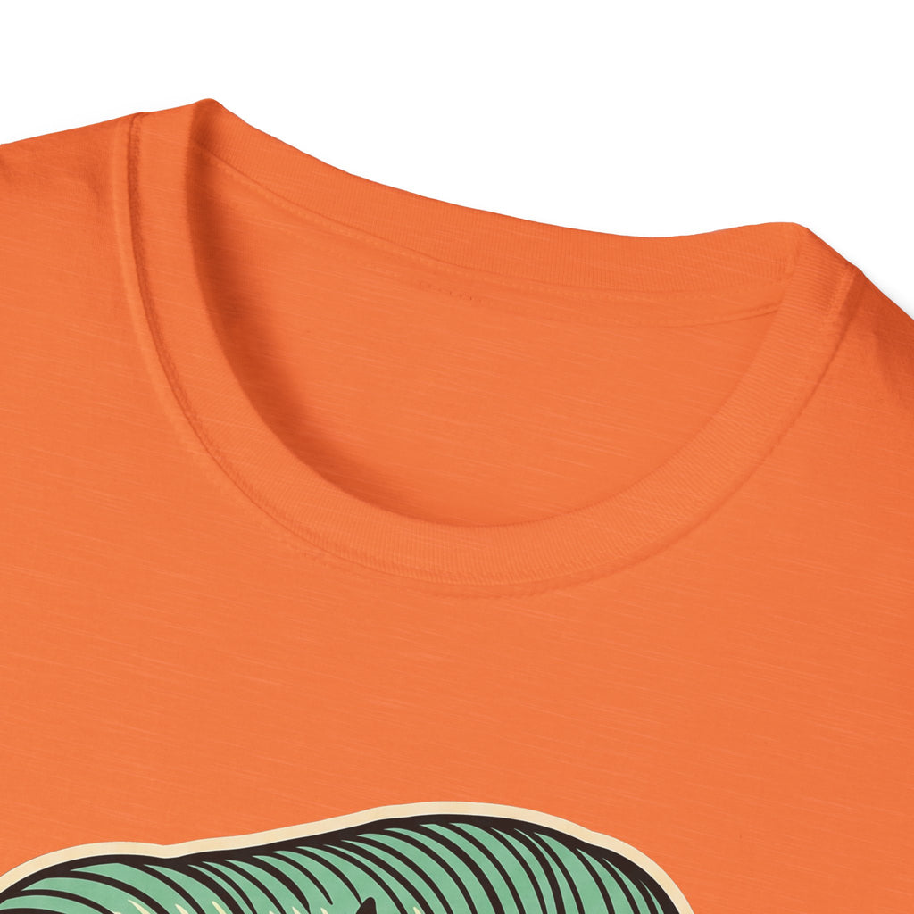 Orange crew-neck T-shirt close-up of neckline seam and collar