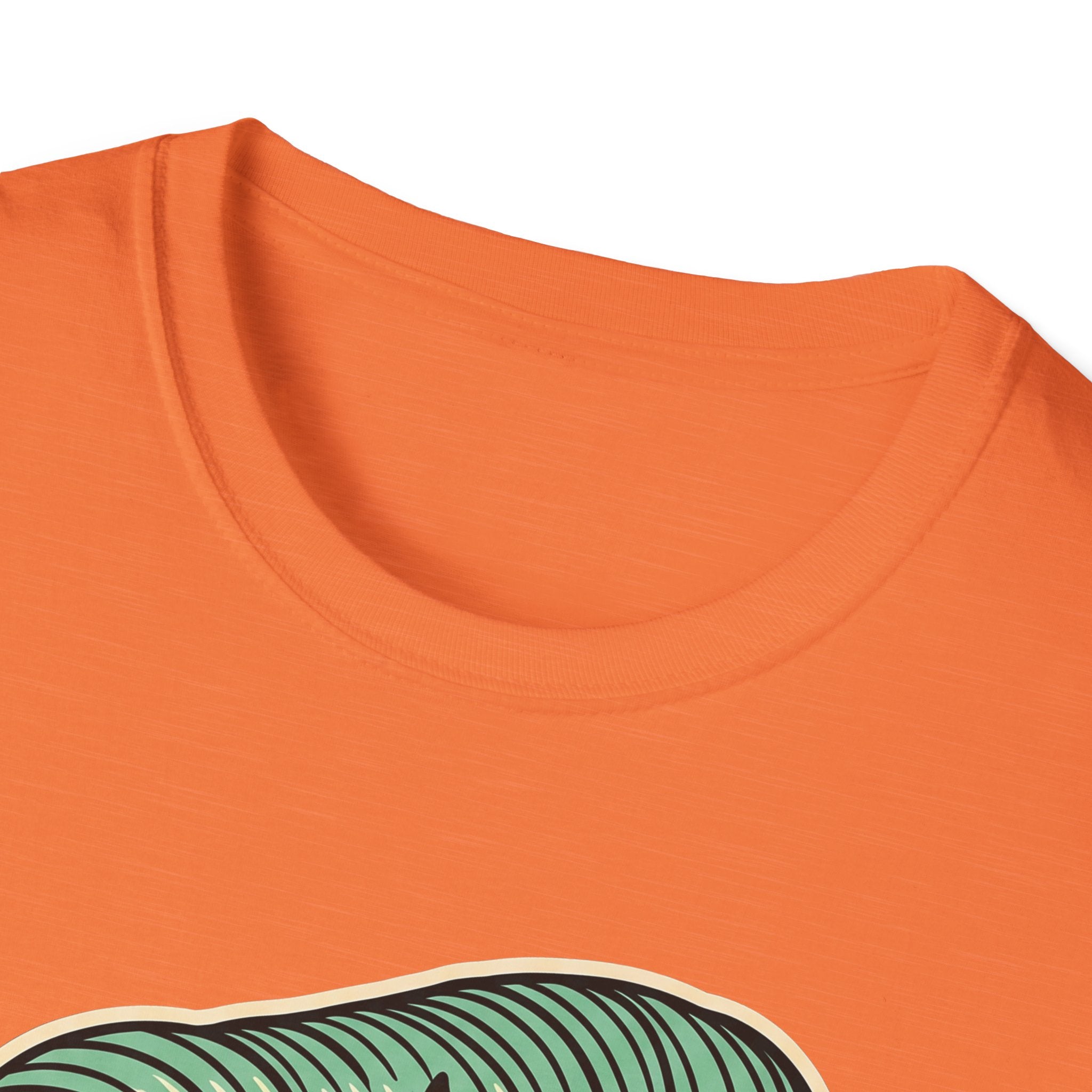 Orange crew-neck T-shirt close-up of neckline seam and collar