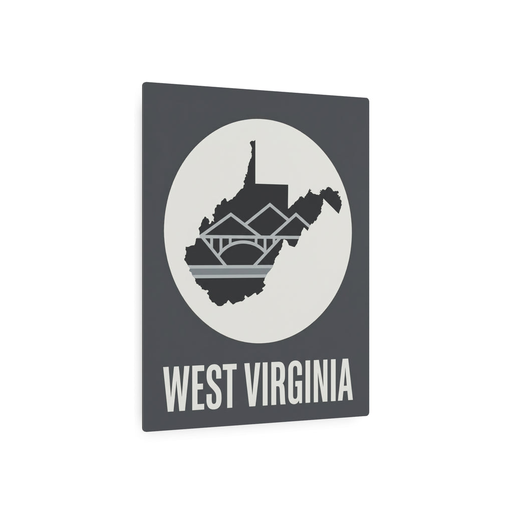 West Virginia metal wall art sign in dark gray with circular WV skyline silhouette and WEST VIRGINIA text