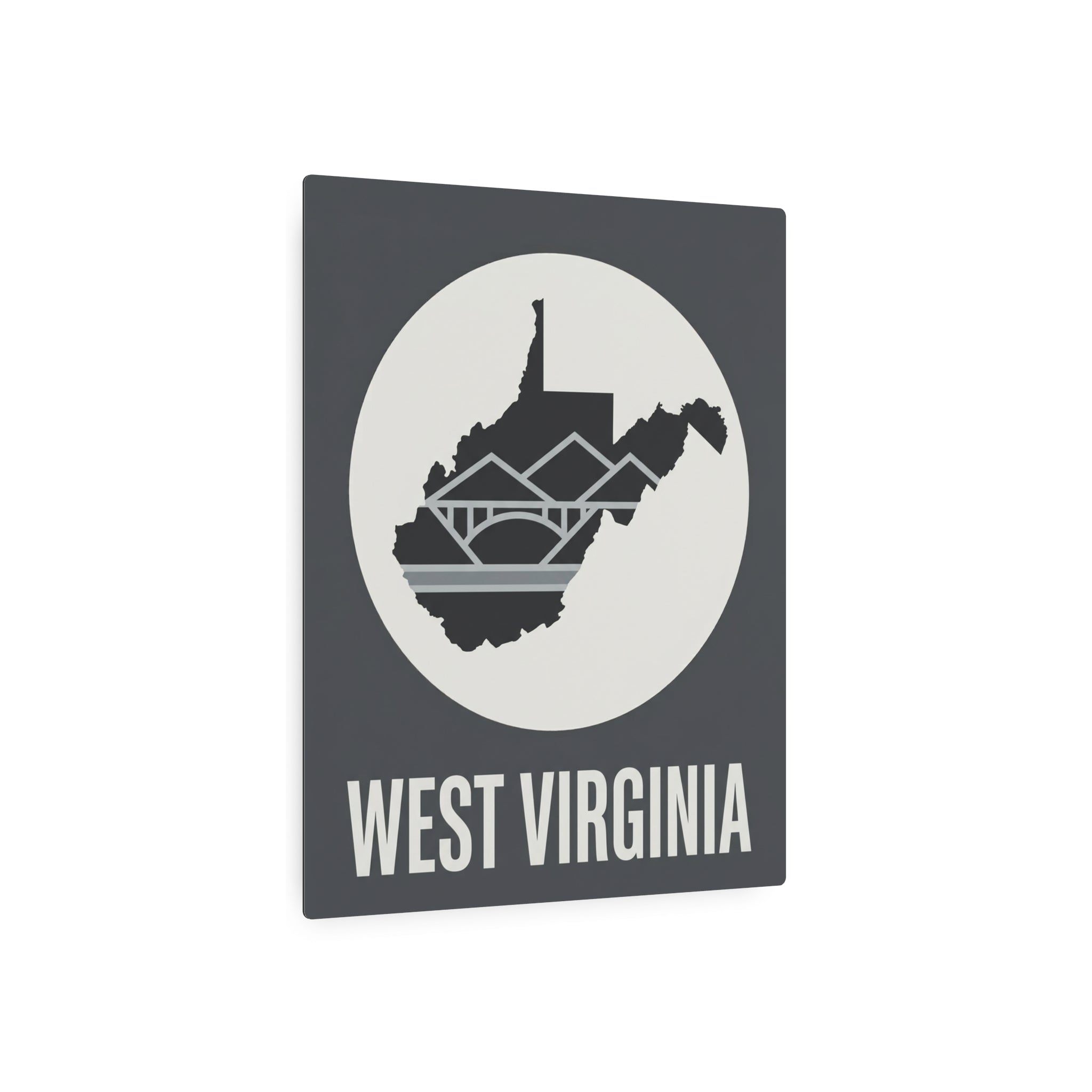 West Virginia metal wall art sign in dark gray with circular WV skyline silhouette and WEST VIRGINIA text