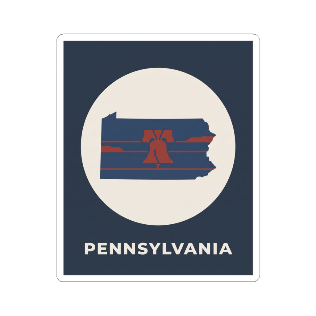Navy rectangular sticker with white circle showing Pennsylvania map, Liberty Bell stripes, PENNSYLVANIA