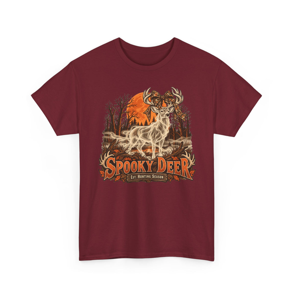 Maroon Halloween T-shirt with vintage-style deer graphic on the front