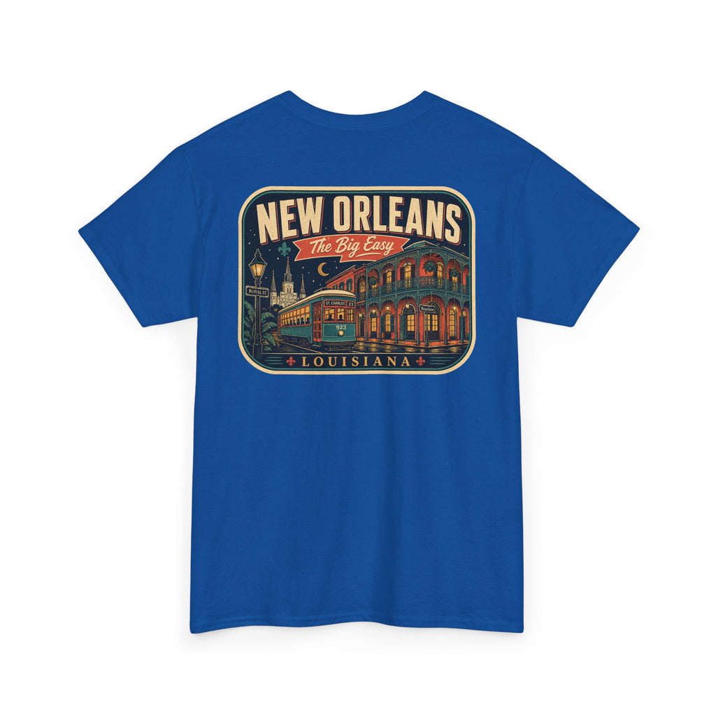 Royal blue T-shirt with New Orleans crest graphic, crew neck short sleeves