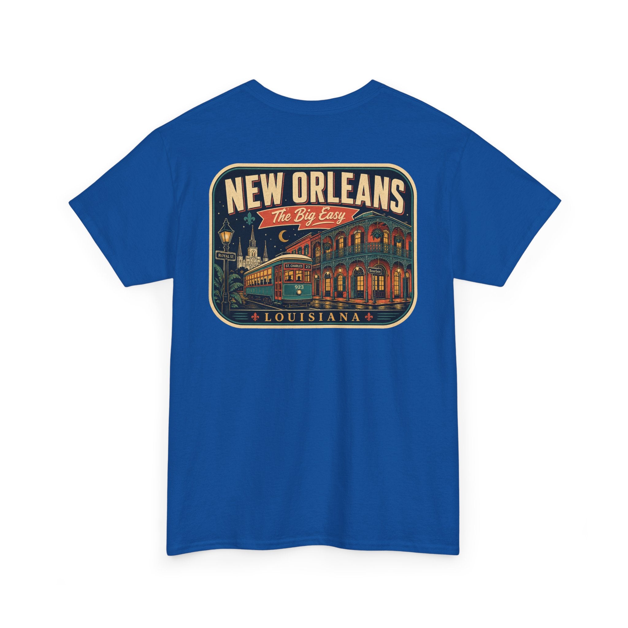 Royal blue T-shirt with New Orleans crest graphic, crew neck short sleeves