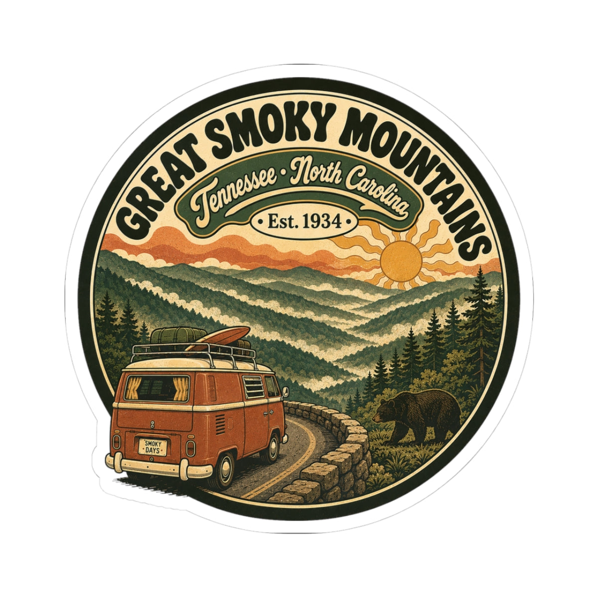 Round vintage sticker of a camper van on a mountain road with pine trees and sunrise