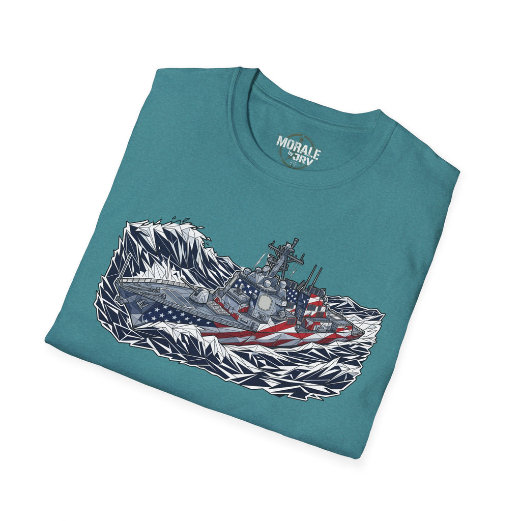 Heather military green T-shirt with battleship and American flag graphic on front