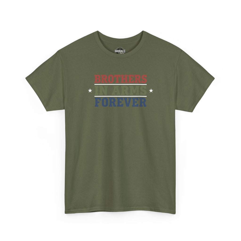 Military green crew-neck T-shirt with multicolor retro block text graphic on chest