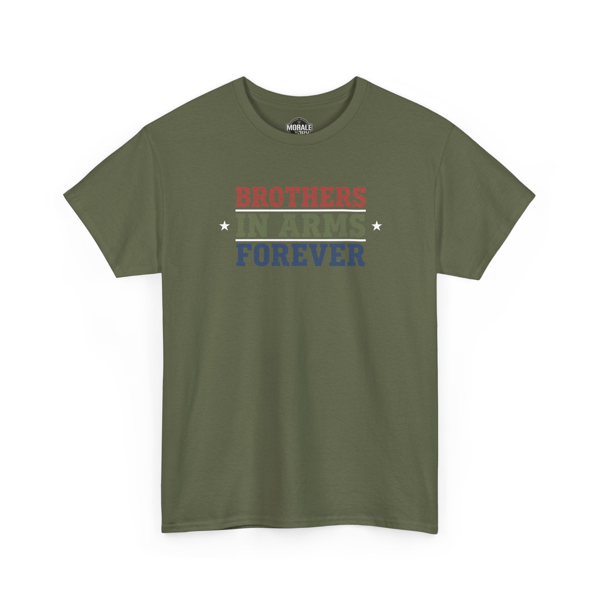Military green crew-neck T-shirt with multicolor retro block text graphic on chest
