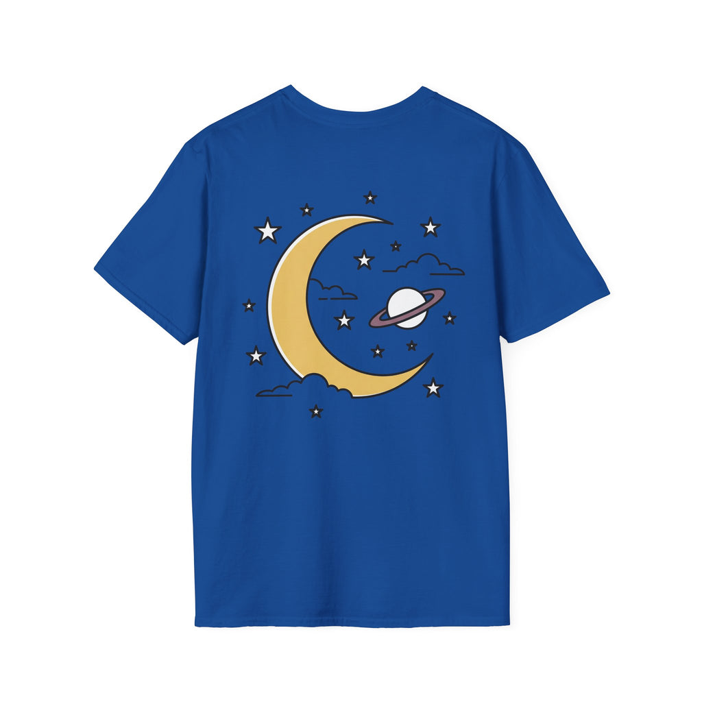 Royal blue crescent moon and stars graphic T-shirt