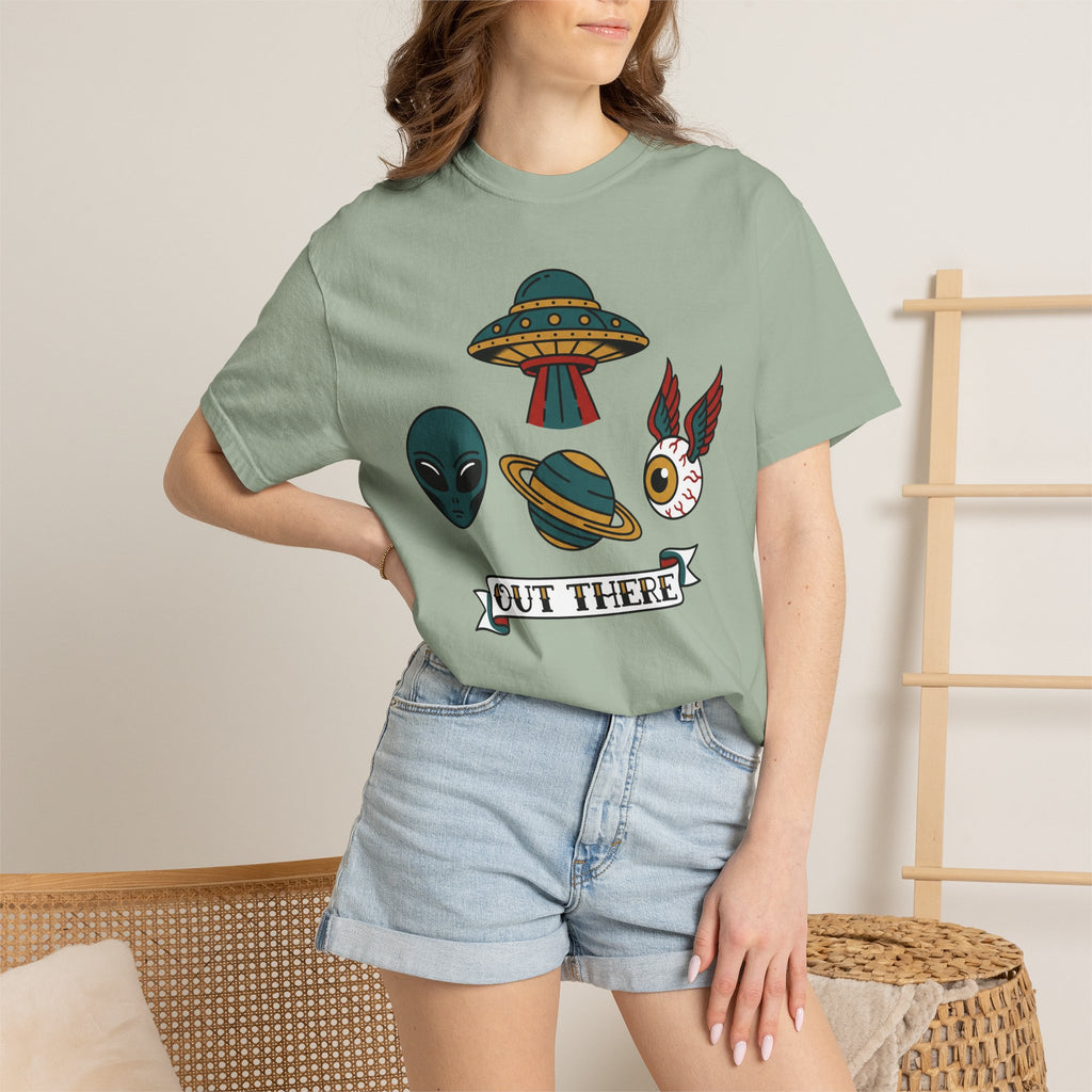 Light green alien and UFO patchwork graphic T-shirt with “OUT THERE” label on front
