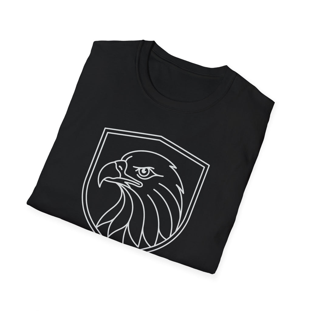 Black t-shirt with front shield line-art bald eagle graphic