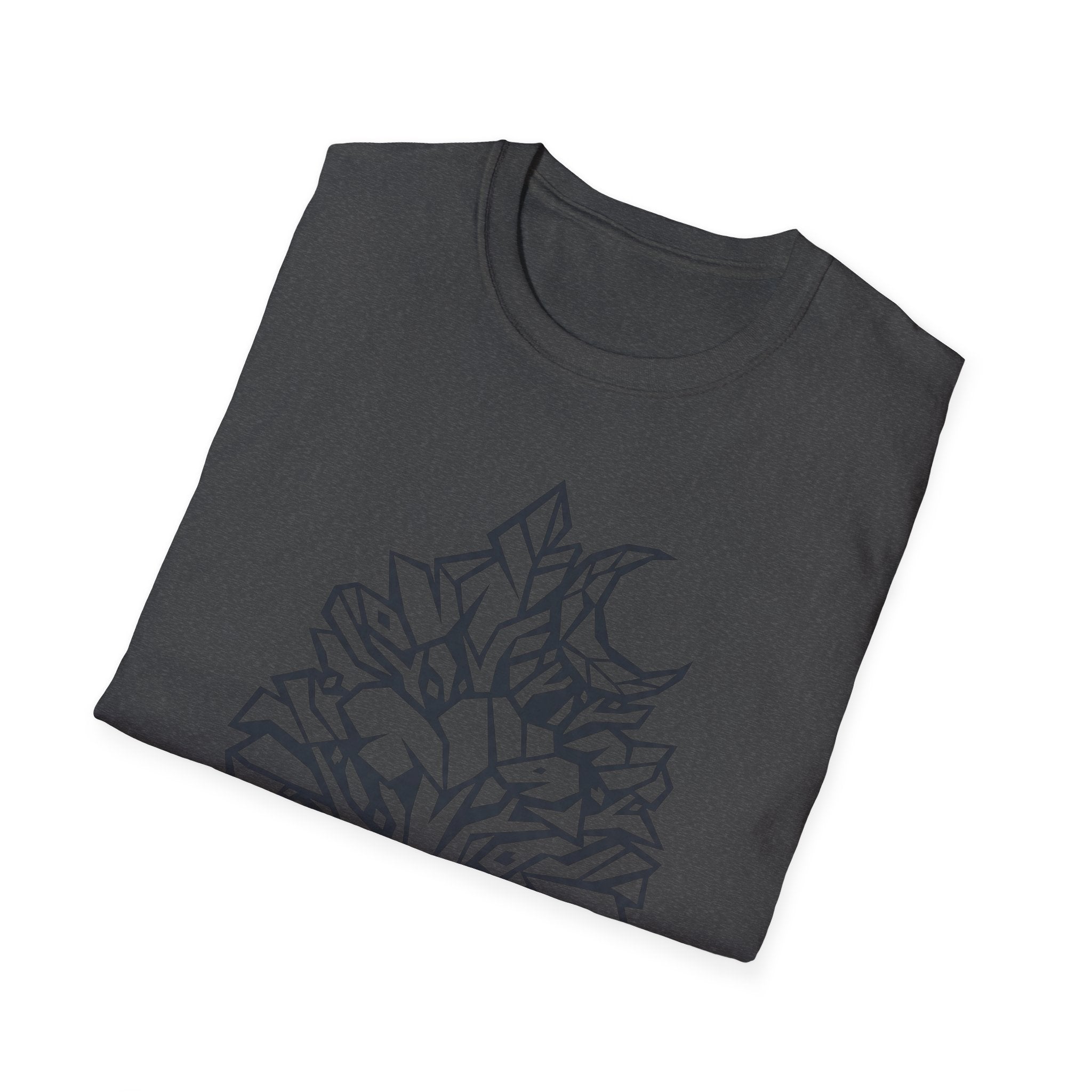 Dark gray T-shirt with geometric tree and moon graphic print across chest
