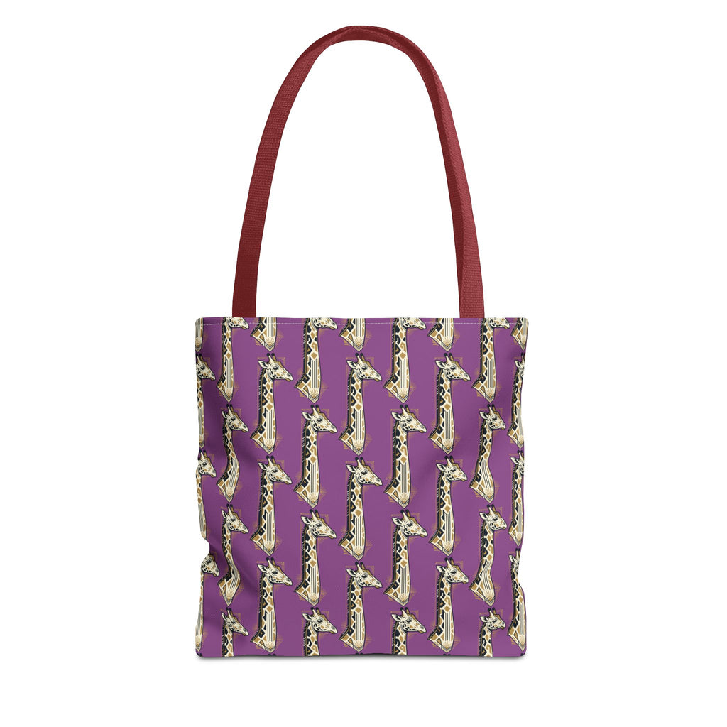 Saxophone tote bag with purple pattern and red handles