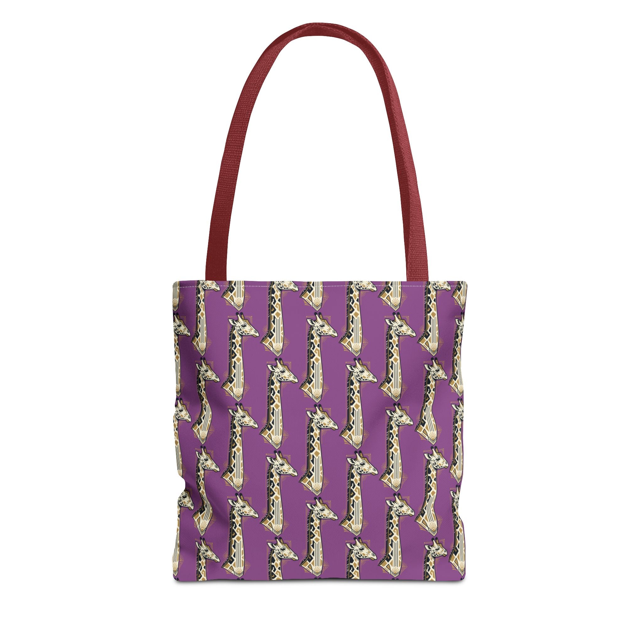 Saxophone tote bag with purple pattern and red handles